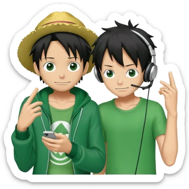 Green Luffy and green Alastor listening to music together sticker