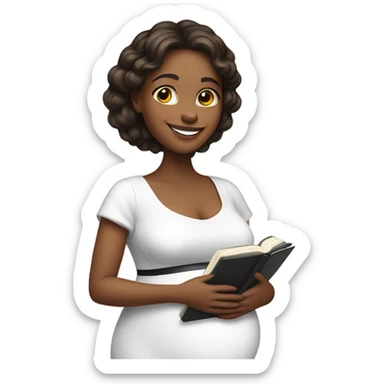 pregnant girl in a white dress holding an open photo album and looking at it with a smile sticker
