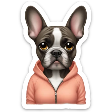 Brindle girl Frenchbulldog wearing a sweatshirt sticker