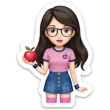 Light skin but a little white , monolid eyes,  dark brown long (not too long but not too short) hair, a button nose, fuller lips, blush (Light) PiNk liptint not too pink, wearing  bayonetta glasses (red) a apple T-shirt, dotted socks, a denim skirt sticker