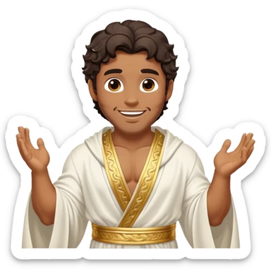 Cinematic Realistic Hercules Portrait, head tilted playfully and inquisitively, capturing the spirit of a timeless Greek hero with a warm, inviting smile. His bronze, marble-like skin and thick, wavy dark hair are rendered with classical precision, while his flowing white robe with delicate golden embellishments accentuates his muscular form. Soft natural light brings out the playful yet powerful essence of this legendary figure. sticker