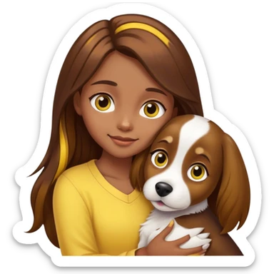 A girl with long brown hair with yellow highlights, big eyes and slightly dark skin happily hugs the dog tightly. The image size is 1:1 sticker