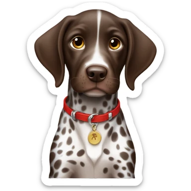 Brown spotted German short haired pointer puppy with ticking with red collar  sticker
