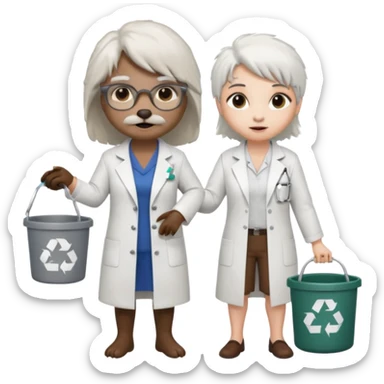 an woman otter picking up trash bins, next to a mad scientist sticker