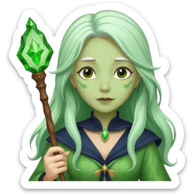 Woman with green skin color with long hair white color and carrying a magic wand sticker
