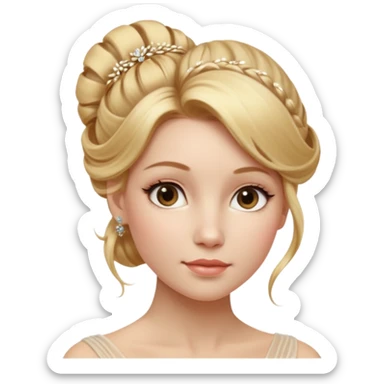 Cinematic Realistic Rococo Portrait, depicted with lifelike skin texture, subtle rosy undertones, and soft natural lighting that enhances the gentle contours of her face. Her intricately detailed golden blonde hair is elegantly styled in an updo, with delicate wisps framing her face.  sticker