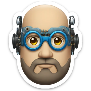 Bearded Fat bald cyborg head with tan skin, blue steampunk goggles and circuits sticker