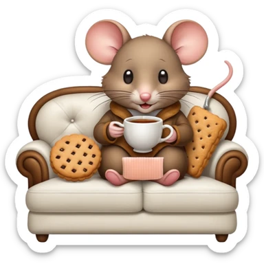mouse on a white couch eating a biscuit with a hot cup of tea on the side  sticker