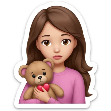 girl with long wavy brown hair, brown eyes, light to medium complexion, in a pink shirt, pink lips, long lashes, sad, hugging a teddy bear with a  heart sticker