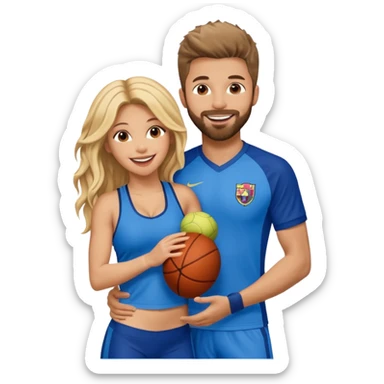 Shakira with blue eyes and her husband  Gerard pique with blue eyes  holding her in his arms. They both laugh at each other. Its beautiful and romantic. Also their outfits are very sporty and cool  sticker