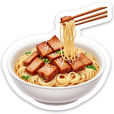 Cantonese Wonton Noodles with char siu pork, simplified emoji style with bold outlines and bright colors, cartoon style Hong Kong style thin egg noodles sticker