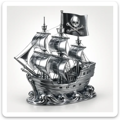 chrome style pirate ship on stormy seas with large flag showing chrome skull and crossed bones emblem, highly reflective metallic chrome style on ship and flag sticker