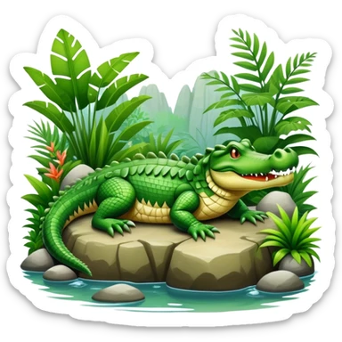 Crocodile resting, surrounded by rocks, water, and tropical plants. The green scales of the crocodile glisten under the light, with its sharp eyes focused ahead. The background features a naturalistic habitat with plants and water, giving it a lifelike feel. sticker