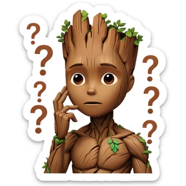 Groot thinking, surrounded by question marks, with his hand on his chin sticker
