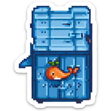 pixel art style blue shipping container with docker whale logo sticker