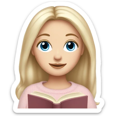 Pretty blue eyed white girl with light pink sweater reading cozy sticker