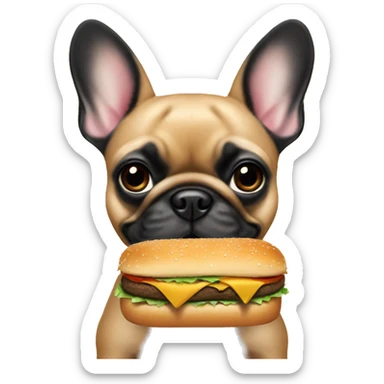 A fawn frenchie with a black snout eating a burger sticker
