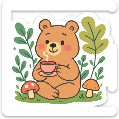 little bear sipping tea in the forest, surrounded by leaves and mushrooms, pastel-toon style sticker