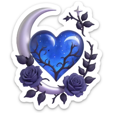 gothic heart, midnight blue glass, silver crescent moon, black roses, stardust, lightning, rain, cracked glass, minimal dark style sticker