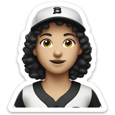 White girl with black curly hair wearing her softball uniform sticker