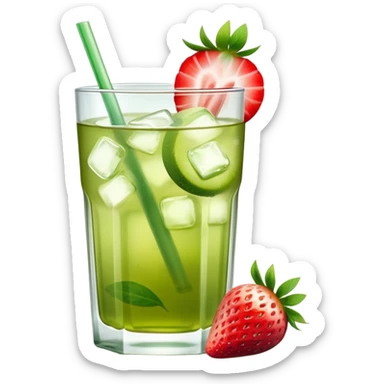glass of iced green tea with strawberry slices sticker