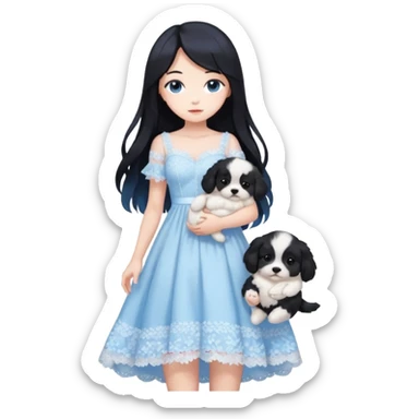 Pastel anime lady long hair with long lace dress full body holding puppy aesthetic background sticker
