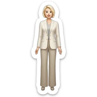 Full height Actively gesturing with hands pale skin woman with ash blonde Straightened bob Hair, White Spacious classical jacket, beige palazzo Arrow pants and gray blouse sticker
