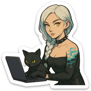  she is wearing armor, maximum power , except instead she's giving a victory salute, [[[except it's a black cat typing at a laptop]]], a closeup portrait of young woman with gold yellow eyes, white hair, long braid, black off-shoulder top d-cup, punk gothic style, futuristic cyberwave cyberpunk, sitting position
 sticker