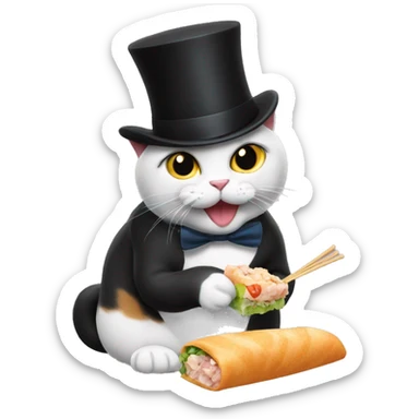 Cat with a top hat eating sushie sticker