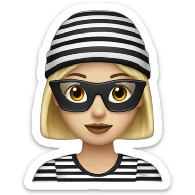 bank robber blonde woman with black beanie hat eye mask and striped shirt sticker