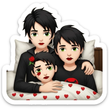 pale Goth boy with a bunch of face piercings, with shaggy dark brown hair, and messy black eyeliner , smudged, red, lipstick , having a slumber party with a tan gamer boy with long black hair  sticker