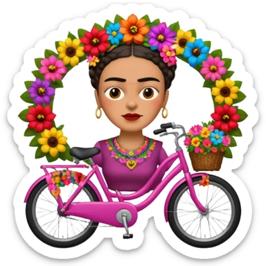 Frida Kahlo on a bike, surrounded by flowers, iconic unibrow, apple emoji style sticker
