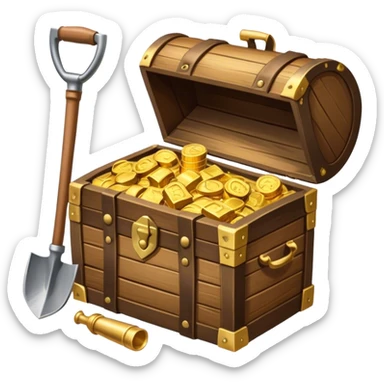 An icon showcasing a treasure chest filled with gold, a treasure map rolled up beside it, a backpack and shovel. The design captures the essence of treasure hunting, exploration, and excitement, set on a transparent background to emphasize the thrill of discovery. sticker
