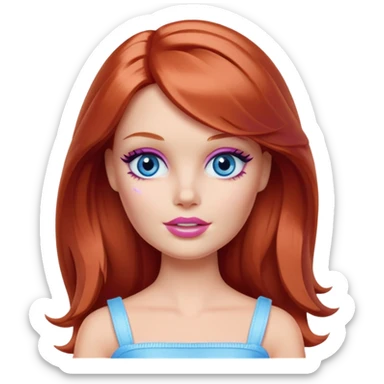 Barbie girl Chestnut-red Shoulder-length hair and blue eyes is In pale purple smears by hand cosmetic cream on her face sticker