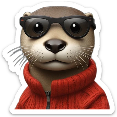 An otter weathering a red jumper with a pair of black sun glasses sticker