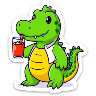 Friendly cartoon crocodile bartender making a Bombardino drink, cute character sticker