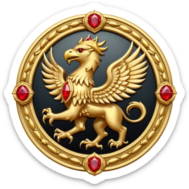 Golden griffin crest / brosch in a circle with red gems and no background sticker