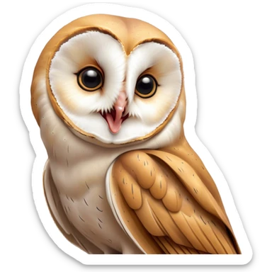 Cinematic Cute Yawning Barn Owl Portrait Emoji, Head tilted slightly with a dramatic, wide-open yawn, showcasing a soft, mottled plumage with subtle brown accents and gently drooping feathers, round amber eyes barely open in drowsy contentment, Simplified yet irresistibly adorable features, highly detailed, glowing with a soft, cozy glow, high shine, relaxed yet expressive, stylized with a touch of nocturnal whimsy, bright and endearing, soft glowing outline, capturing the essence of a sleepy yet affectionate owl, so drowsy it feels like it could glide out of the screen and curl up for a nap! sticker