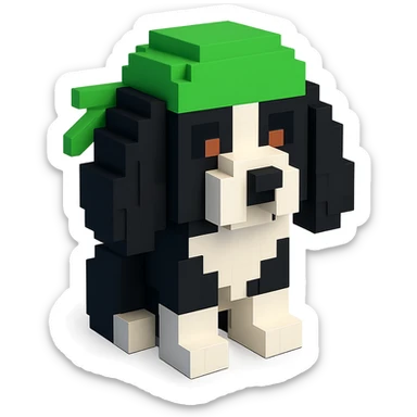 A black and white Russian Cocker Spaniel puppy wearing a green durag, facing forward sticker