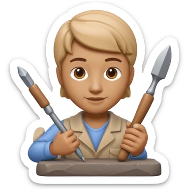 Apple Memoji-style 3D emoji of a sculptor with a small statue and chisel, smooth gradients, rounded edges, no background.during sculpting sticker