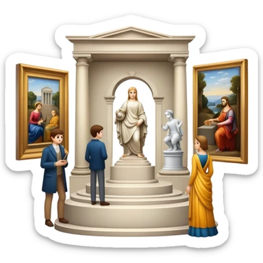 An icon featuring an elegant art gallery with classic paintings hanging on the walls, and sculptures displayed on pedestals. Visitors admire the exhibits, capturing the essence of culture, history, and art. Set against a transparent background. sticker