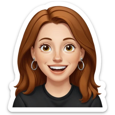 A 38 year old white woman with long brunette hair parted in the middle. She has her nose pierced. Her nose is medium sized. She has brown eyes. She has freckles and is wearing a black sweatshirt and is laughing  sticker