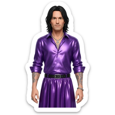 Jonathan Davis with long black hair, purple metallic shirt, purple metallic long baggy skirt , silver necklace sticker