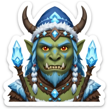 Fantasy Christmas orc shaman icon, ice spirit magic theme, glowing runes, winter tribal mask elements, mystical cold atmosphere, emoji sized portrait, male/female variant sticker