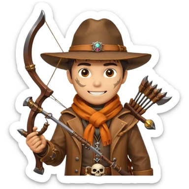 male human monster hunter emoji, wearing brown leather coat and wide hat, holding crossbow or rifle, with amulet shaped like skull, Halloween fantasy theme, confident smile, orange scarf, Apple emoji style, clean white background, square image sticker
