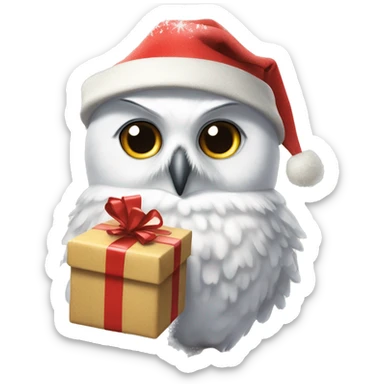 Hedwig the snowy owl, wearing a tiny Christmas hat, carrying a rolled-up letter tied with a festive ribbon in her beak sticker