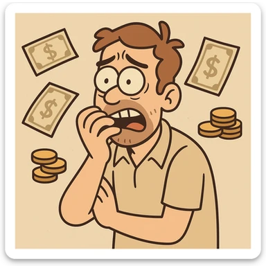 a flat toon man biting his nails, surrounded by bills and coins, worried sticker