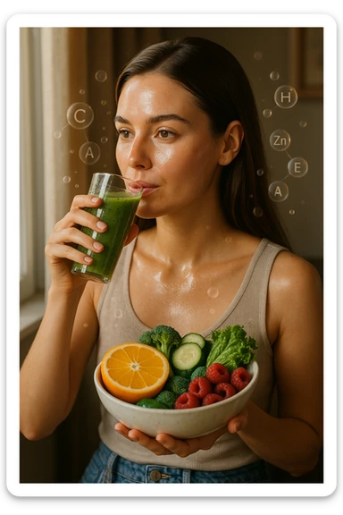 A highly realistic, cinematic portrait of a young woman in her late 20s with glowing, clear, healthy skin and a vibrant scalp with strong, shiny hair, symbolizing internal health reflecting outward. She has a calm, confident expression while sitting by a window with warm daylight softly illuminating her face, highlighting smooth, hydrated skin with a natural glow. Her hair appears clean, full, and strong, indicating a healthy scalp and balanced sebum production. She is drinking a glass of green smoothie rich in antioxidants and holding a bowl of colorful fruits and vegetables, symbolizing how internal nutrition supports skin and scalp health. Subtle, softly glowing overlays of molecular symbols for vitamins, minerals, and hydration molecules gently swirl around her, visually representing the concept of beauty and skin health from the inside out. Style: 35mm hyperrealistic film look, warm tones, soft depth of field, focusing on clear skin texture, healthy scalp, and vibrant hair to inspire holistic wellness sticker