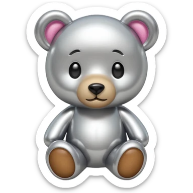 A cute teddy bear emoji made of liquid silver chrome, smooth rounded body, glossy metallic surface, soft reflections, friendly proportions, iOS emoji style, centered, clean white background sticker