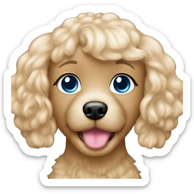 Blonde girl has long straight hair, blue eyes, pink lips with a brown maltipoo sticker